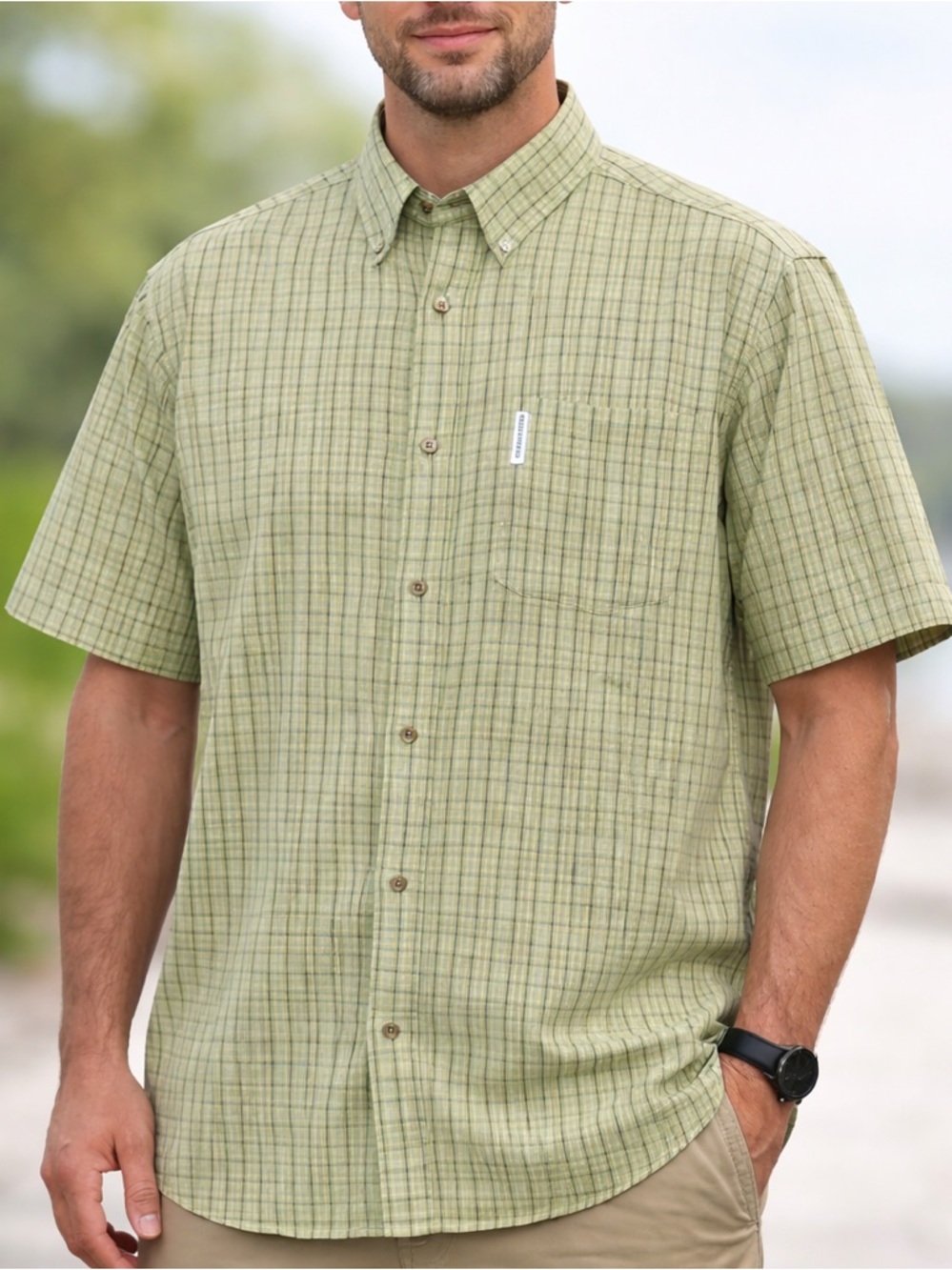COLUMBIA Plaid Button Down Shirt Men XL Green Cotton Short Sleeve Hiking Outdoor